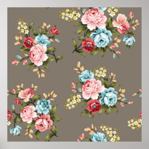 Poster Flores cor-de-rosa e azuis com verde e creme