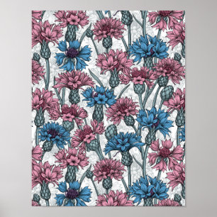 Poster Flores cor-de-rosa e azuis, flores silvestres, bra