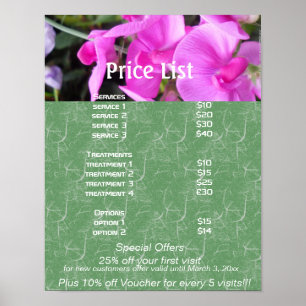 Poster Flores cor-de-rosa lista de preços dos serviços de