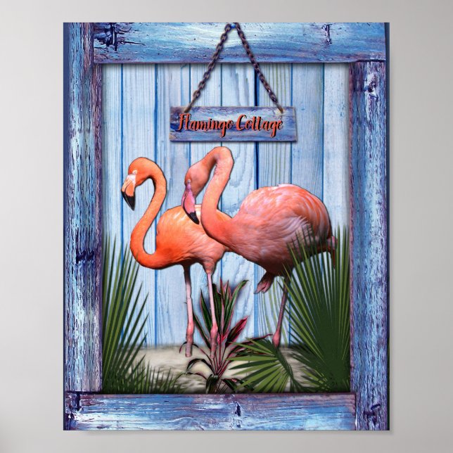 Poster Flores cor-de-rosa na textura de madeira azul (Frente)