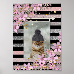 Poster Flores cor-de-rosa, ouros bolinhas brilhantes
