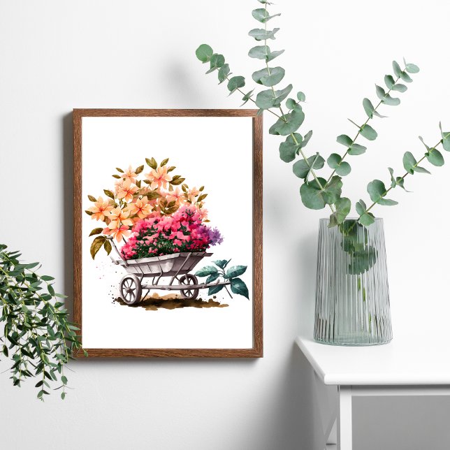 Poster Flores cor-de-rosa-pêssego em verde-rocha branca (Peach Pink Flowers in Wheelbarrel Watercolor Art poster.)