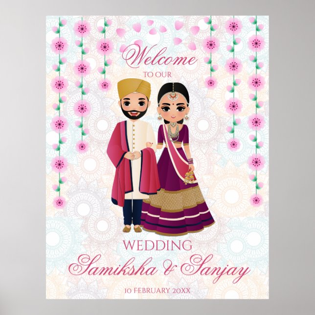 Poster Flores cor-de-rosa, tangerás, ilustração do casal  (Frente)