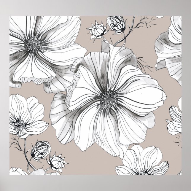 Poster Flores Cosmos: Padrão De Desenho Botânico. (Frente)