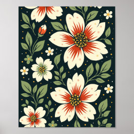 Poster Flores Creme com Centros Vermelhos e Folhas Verdes
