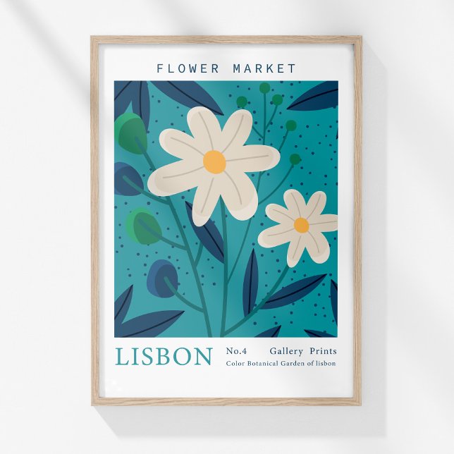 Poster Flores de Abstrato de Lisboa para o Mercado da Flo (Retro Flower Market Lisbon Abstract Flowers Poster in a wooden frame on a sunny wall.)