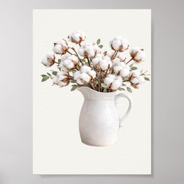 Poster Flores de Algodão em Jarro Branco Botânico Estilo  (Frente)