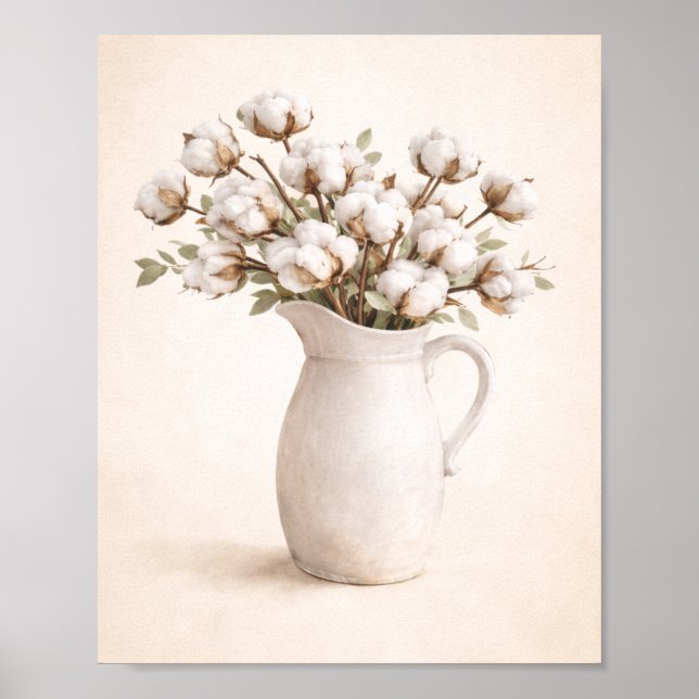 Poster Flores de Algodão em Jarro Branco Neutro Farmhouse (Frente)