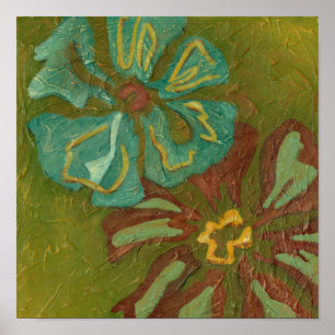 Póster Flores de Aqua e Laranja Queimada em Fundo Verde