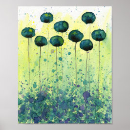 Poster Flores de Aquarela Azul-Petróleo e Amarelo, Parede