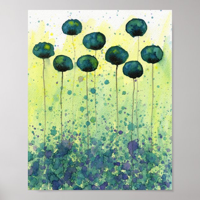 Poster Flores de Aquarela Azul-Verde e Amarelo, Parede Mo (Frente)