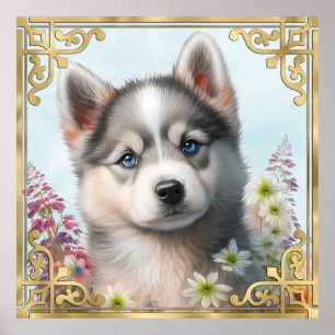 Poster Flores de Aquarela e Cachorrinho Husky Siberiano
