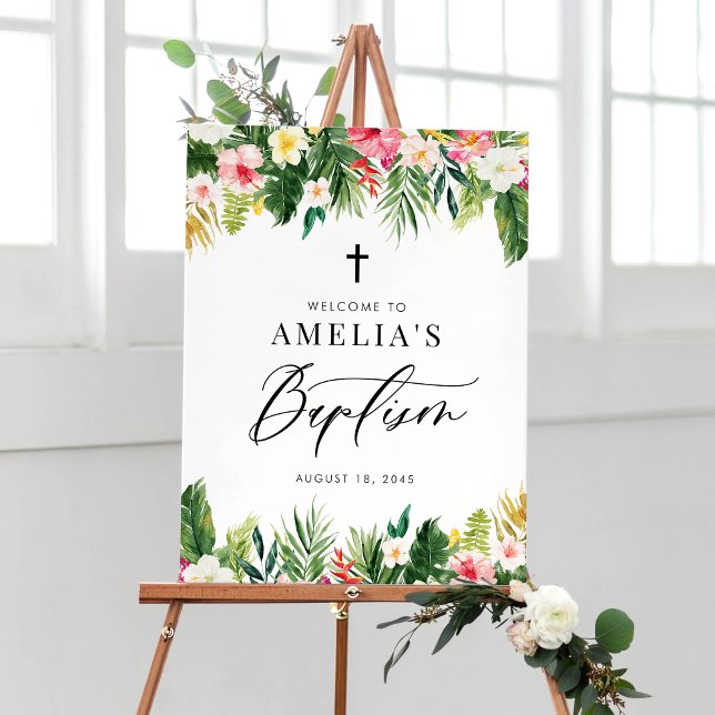 Poster Flores de Aquarela Garland Batismo Tropical (Watercolor Flowers Garland Tropical Baptism Welcome Sign)