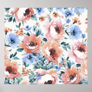 Poster Flores de aquarela, ilustração uniforme de padrões