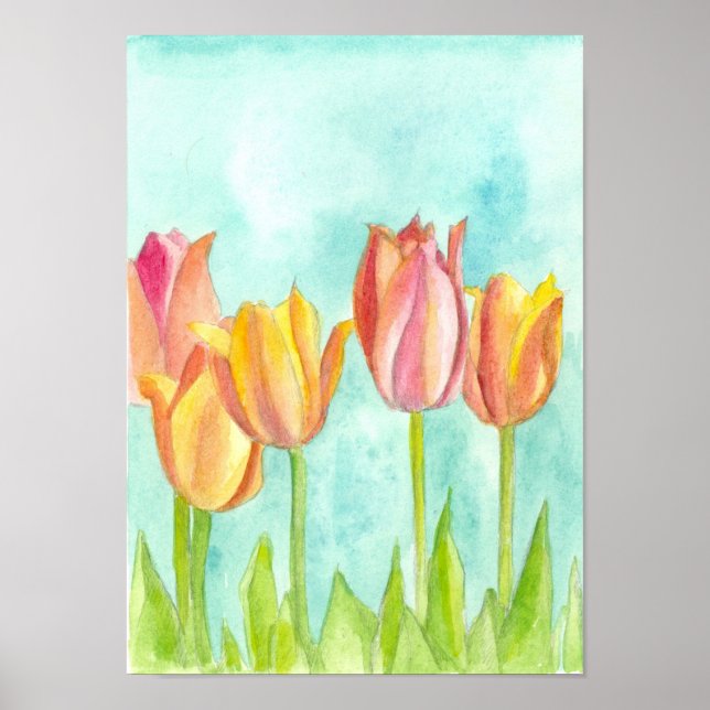 Póster Flores de Aquarela Pêssego-Rosa Pastel (Frente)
