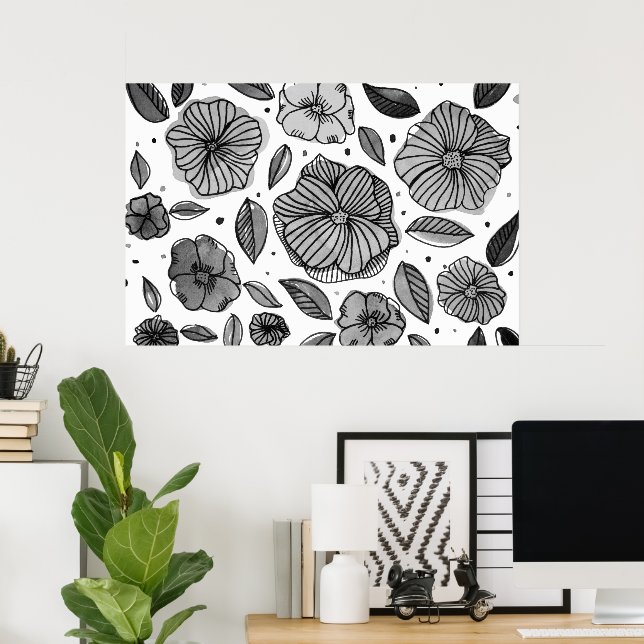 Póster Flores de aquarelas e de tinta - preto e branco (Escritório em casa)