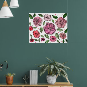 Poster Flores de aquarelas e de tinta - rosa e verde