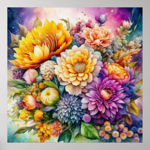 Poster Flores de Arte de Aquarela Coloridas Lindas 