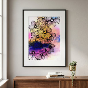 Poster Flores de Arte de Linha Preta em Aquarela Pastel V