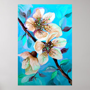 Poster Flores de Árvores de Cereja Sakura Japonesas em Aq