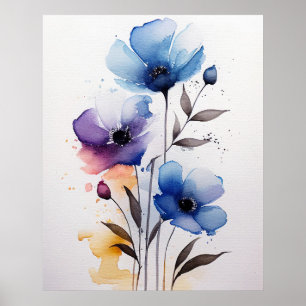 Poster Flores de Cor da Água Púrpura e Azul