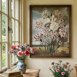 Póster Flores de Cravos Variegados Vintage com Céu Cinza