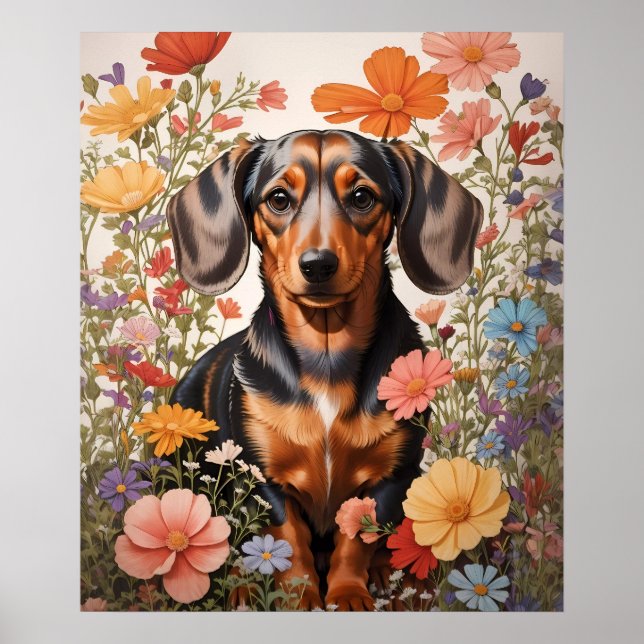 Poster Flores De Dachshund Castanho E Cosmos (Frente)