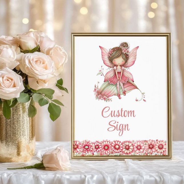 Poster Flores de Fada Rosa Capricho Placa Personalizada d (Whimsy Pink Fairy Flowers 2nd Birthday Custom Sign)