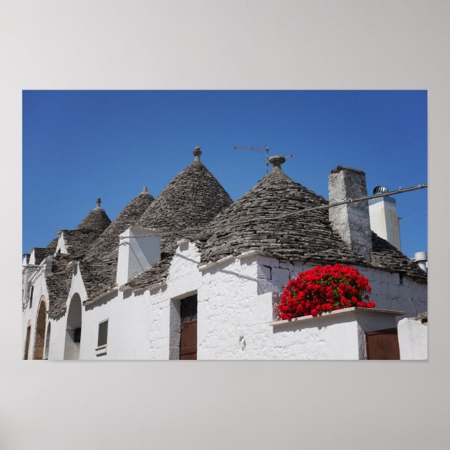 Poster Flores de gerânio e casas de trulli em Alberobello (Frente)