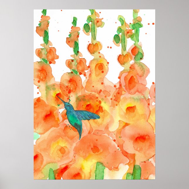 Poster Flores de Hollyhocks Laranja-Hummingbird (Frente)