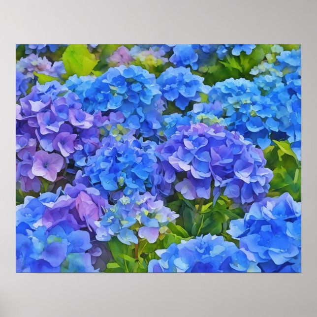 Poster Flores de Hydrangea Azul Estilo de Aquarela Floral (Frente)