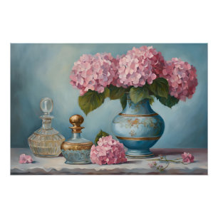 Póster Flores de Hydrangea rosa e Frascos de Perfume Vint