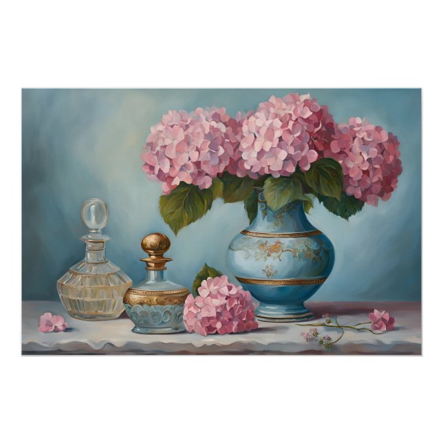 Póster Flores de Hydrangea rosa e Frascos de Perfume Vint (Frente)