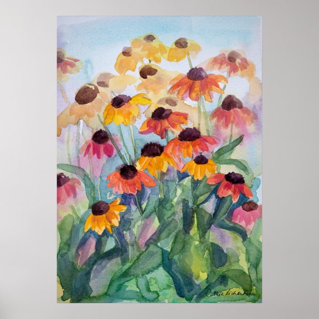 Poster Flores de Jardim de Verão de Coneflowers Aquarela (Frente)