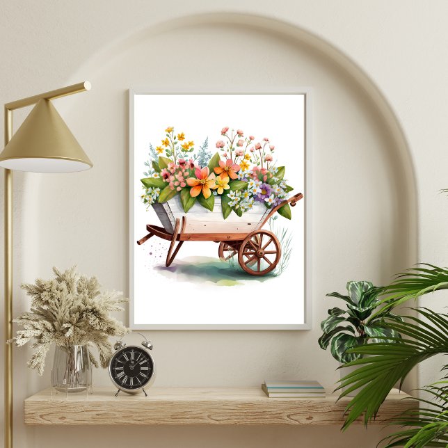Poster Flores de Jardim Rosa Amarelo Branco em Barril de  (Wheel Barrel with Flowers Country Rustic Wall Art poster)