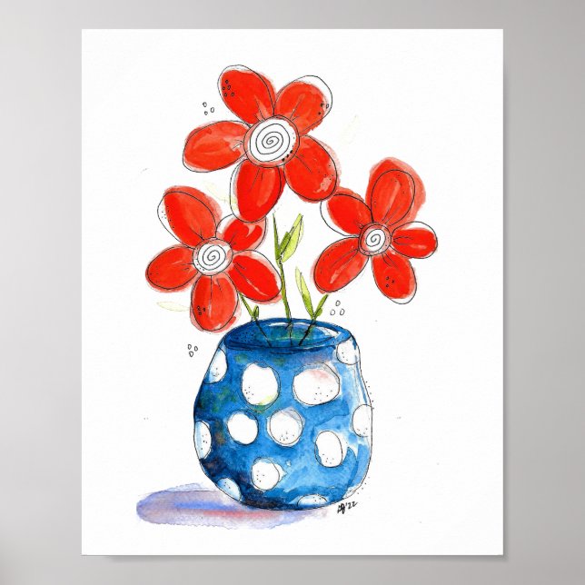Poster Flores de Laranja Whimsical em Vaso Azul (Frente)