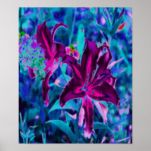 Poster Flores de Lírio Oriental Abstratas Roxas e Rosa Qu