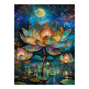 Póster Flores de Lótus de Vidro Colorido ao Luar