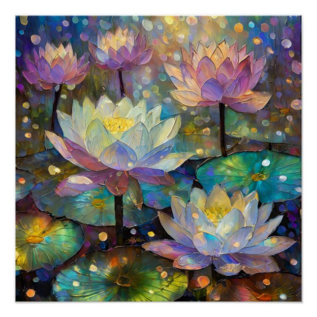 Póster Flores de Lótus Delicadas Florescendo na Neve (Frente)