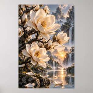 Poster Flores de Magnólia Creme sobre a Cachoeira do Pôr