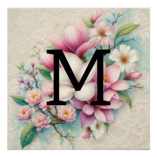 Póster Flores de magnólias roxas, cor-de-rosa, com rendas