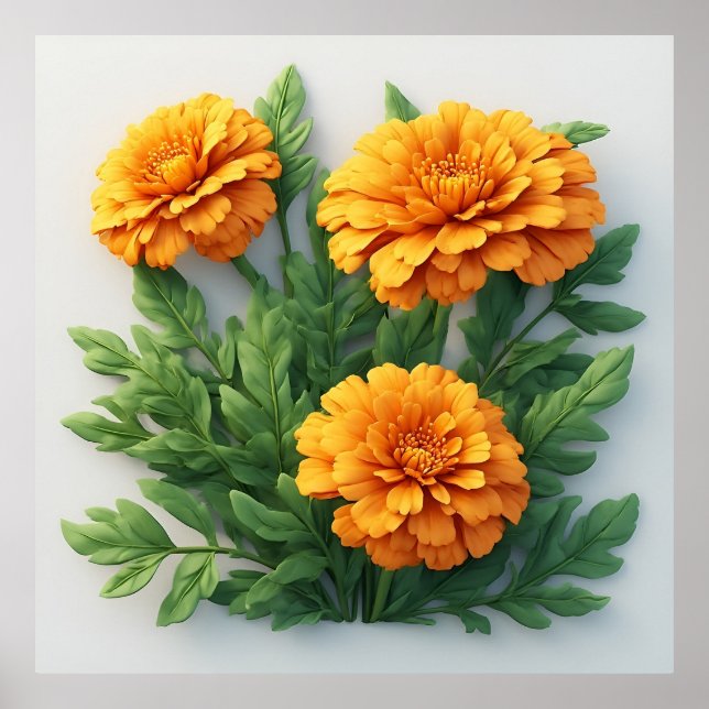 Poster Flores de Marigold Laranja Brilhante Com Folhas Ve (Frente)