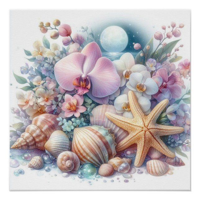 Póster Flores de orquídea e estrelas-do-mar conchas de ág (Frente)
