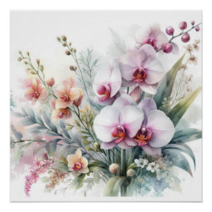 Póster Flores de Orquídea Tropical Pastel Aquarela