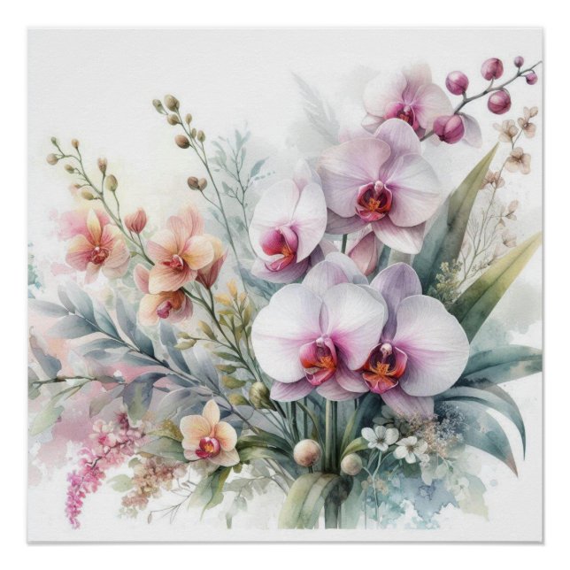 Póster Flores de Orquídea Tropical Pastel Aquarela (Frente)