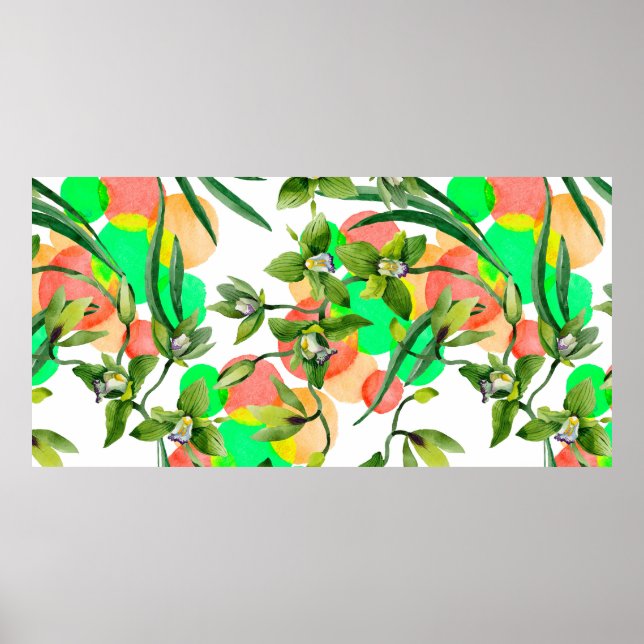 Poster Flores de orquídea verde-aquarela. Botânica oral (Frente)