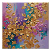 Flores De ouro Pintadas Na Turquesa Lilática Rosa