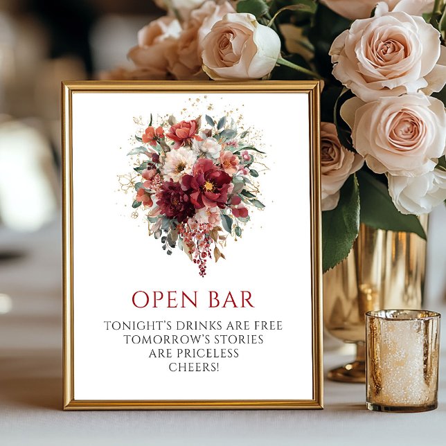 Poster Flores de Outono Boêmias de Borgonha Bar Aberto Me (Bohemian Burgundy Fall Flowers Open Bar Tabletop

)
