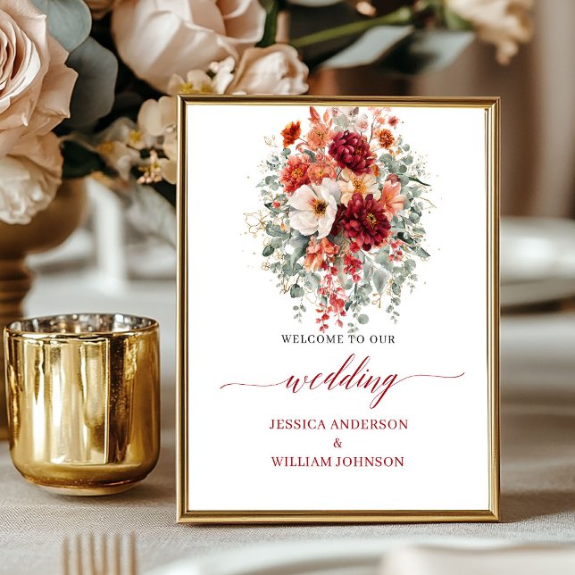 Poster Flores de Outono Borgonha 8x10 Sinal de Boas-Vinda (Autumn Burgundy Flowers 8x10 Greenery Wedding Welcome

)