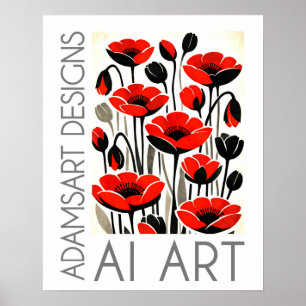 Poster Flores de Papoula Vermelha Ousada Arte Botânica Mo